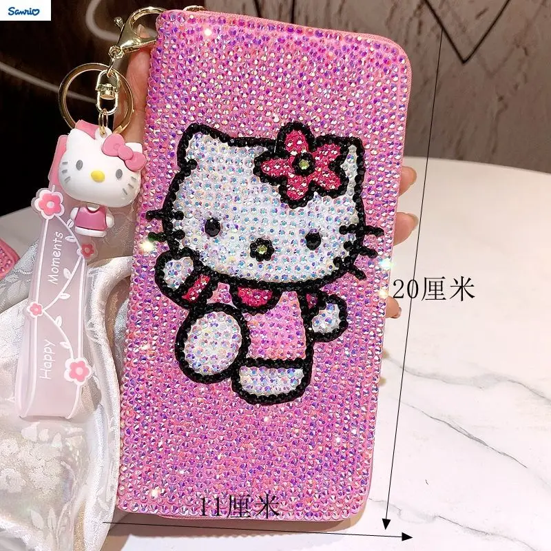 Sanrio Fashion Diamond Set Cartoon Hello Kitty Phone Bag for Women with Diamond Personalized Long Change Storage Wallet