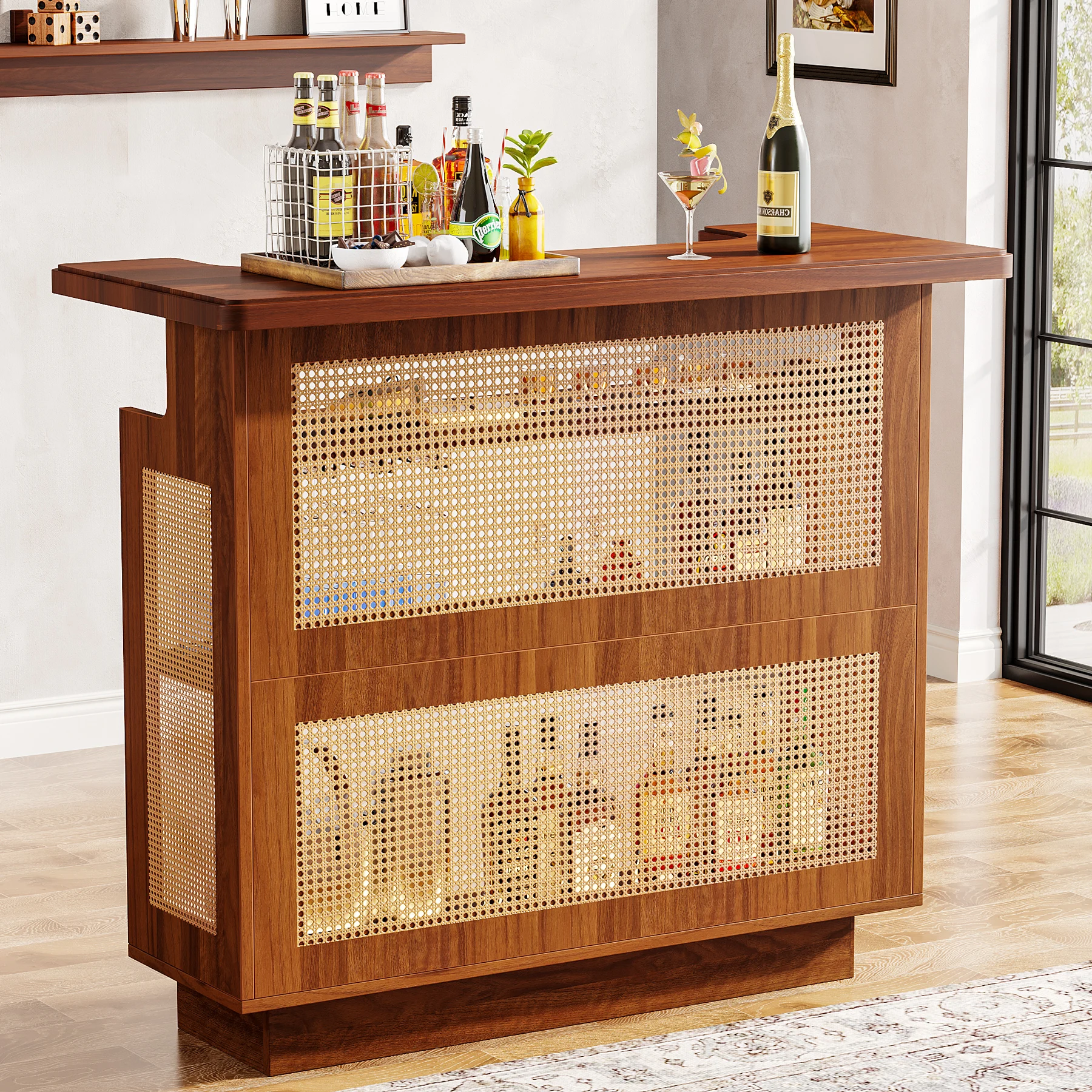 Tribesigns Rattan Home Bar Unit, Farmhouse 4-Tier Bar Table with 4 Stemware Racks and Heightened Base, Liquor Wine Bar Cabinet