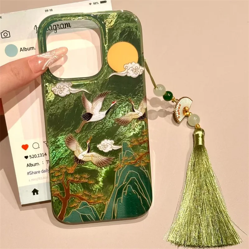 Vortex pattern high mountain auspicious cloud crane phone case with ancient fan tassel for iPhone 11 12 13 14 15 16 pro max