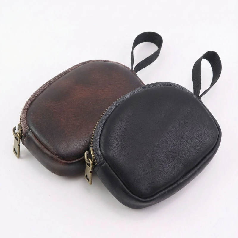 Top Grain Cowhide Leather Coin Purse with Wrist Strap,Premium Vintage Zipper Mini Wallet with Reinforced Stitching, High-Quality