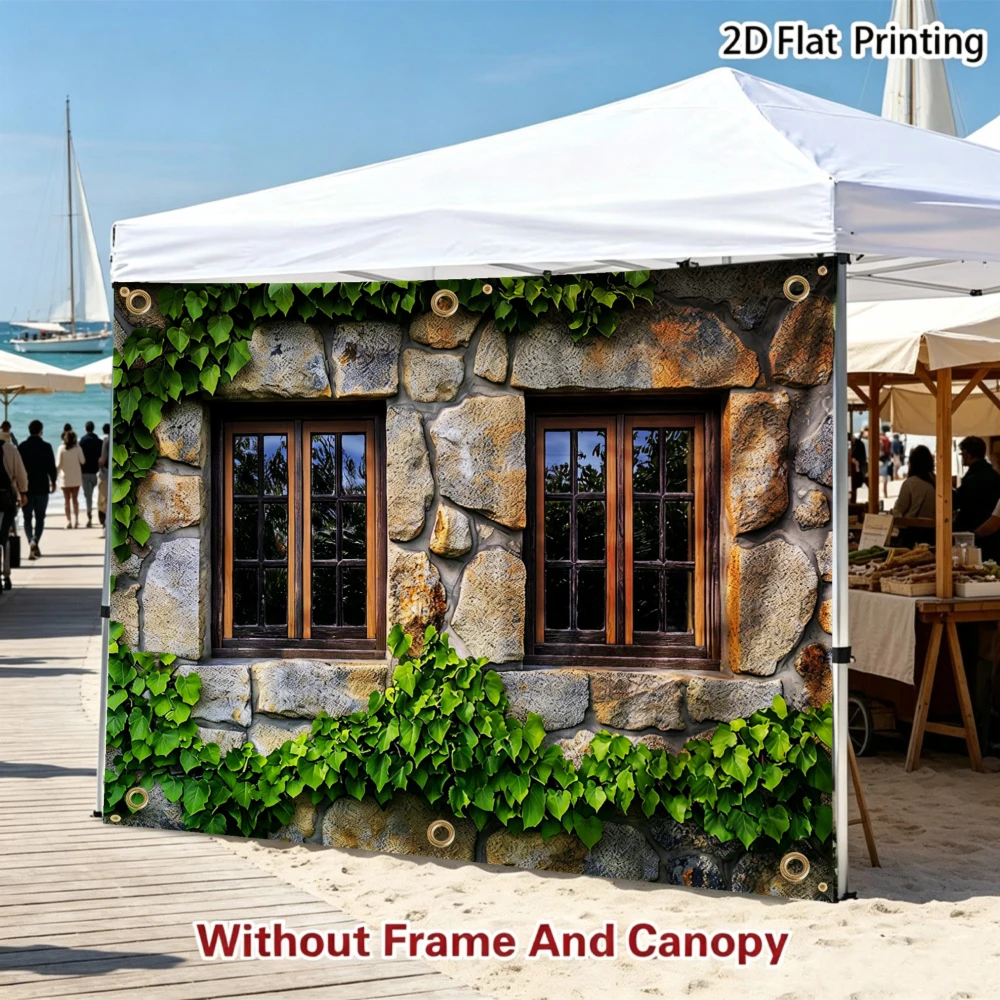 1pc 2D Printed Sidewall Sun Shelter with Stone Wall With Ivy And Wooden Windows Pattern Print, road trip camping Decor