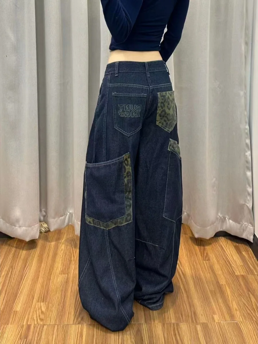 

Tiger Stripe Wide Leg Jeans Women's Loose Patchwork Design Straight Cut Jeans High Waist Denim Casual Spring 2026
