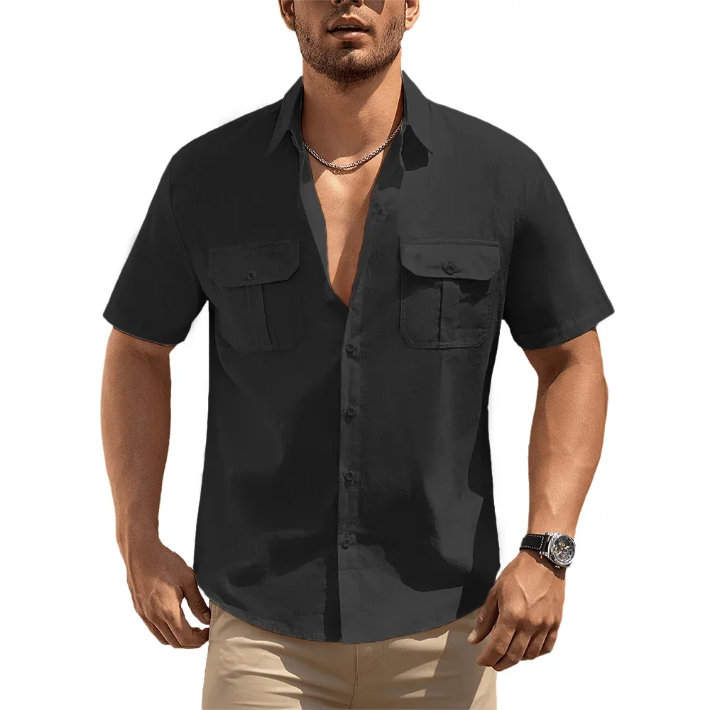 Cotton Linen Short Sleeve Shirts for Men Solid Color Double Pocket Single Breasted Lightweight Breathable Stylish Male Tops