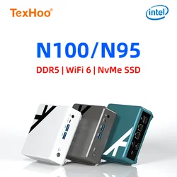 TexHoo 데스크탑 컴퓨터 미니 PC 알더 레이크 N100 N95, 윈도우 11, 인텔 12 번째 DDR5 RAM NVME SSD, 와이파이 6 BT5.2, 인텔 2.5G LAN, RJ45