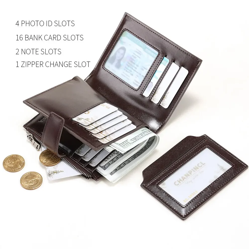 【Genuine Cow Leather & 16 Card Slots】CHANPINCL Luxury Men Wallet Original Short Vertical Driver License First Layer Cowhide Bag