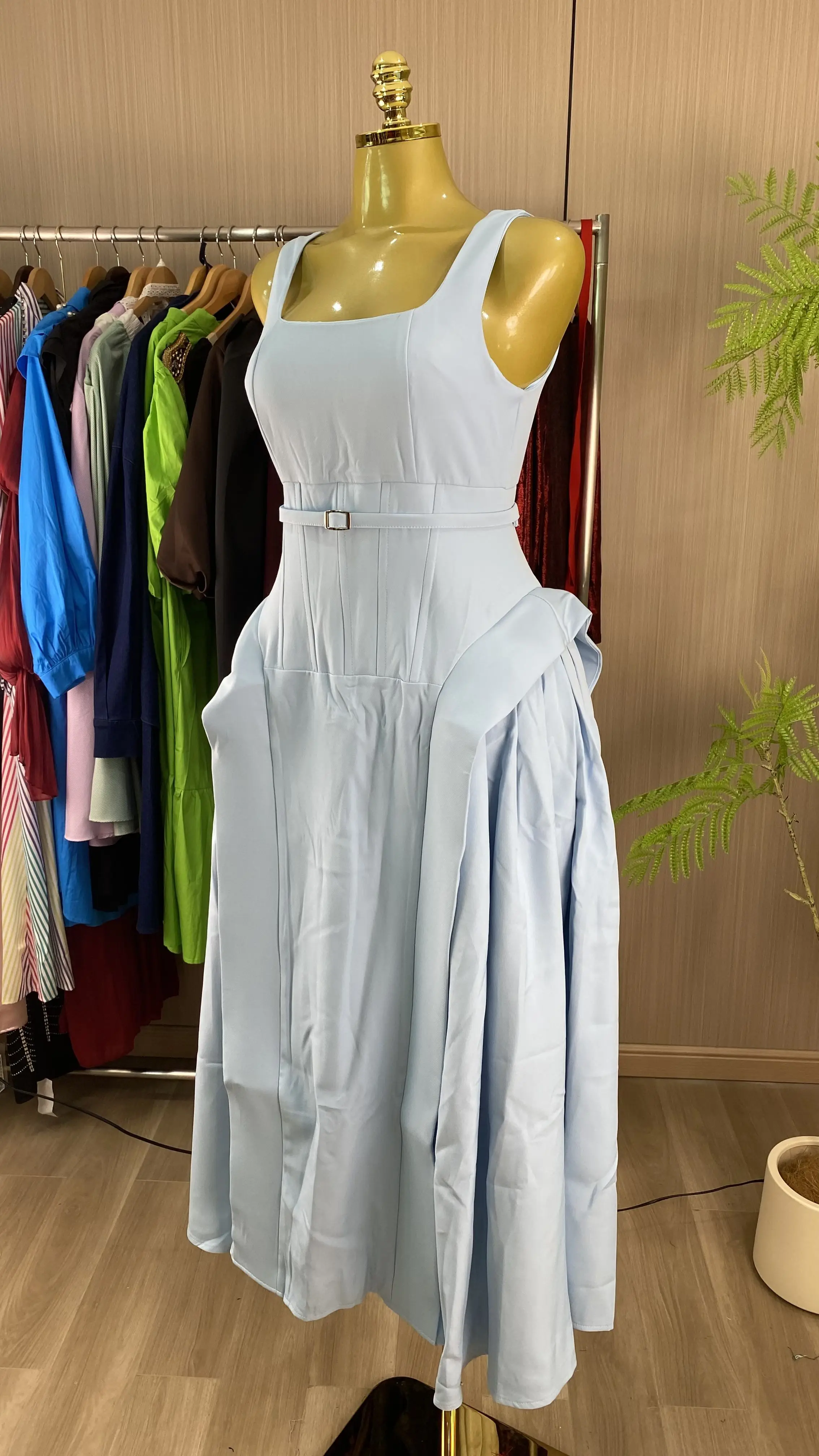 2026 Spring New Style Square Neck Sleeveless Drawstring Pleated Midi Dress-GZXX842