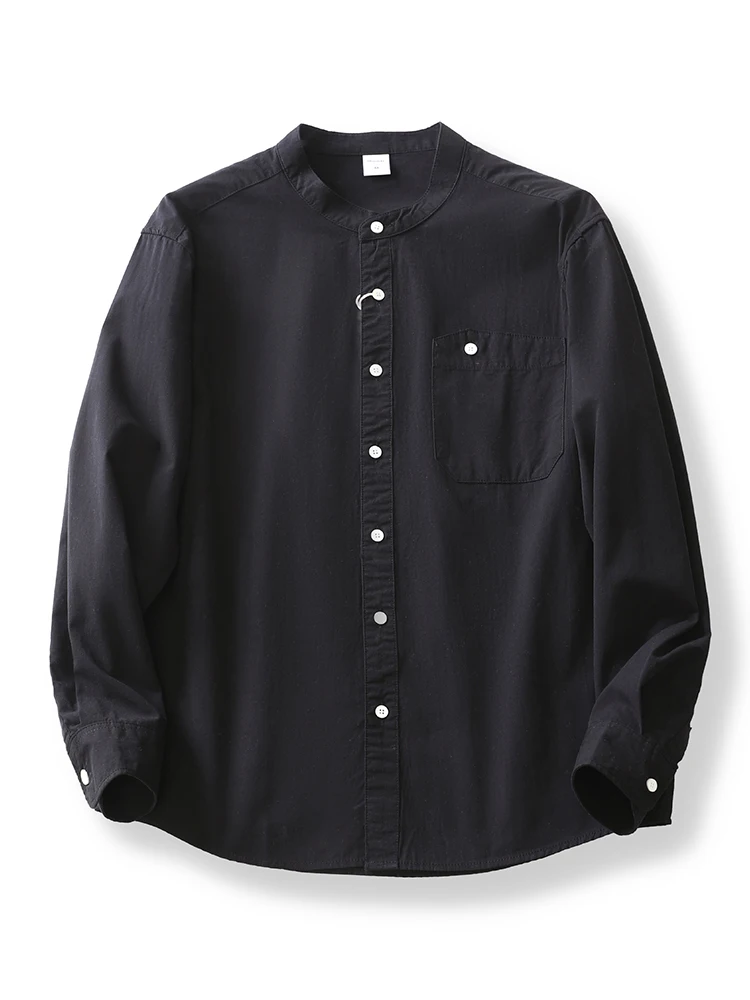 

Американская мужская рубашка с воротником хенли из чистого хлопка, с длинным рукавом, повседневная, приталенная, весенняя новинка, белая, с воротником-стойкой, дышащая, модная.