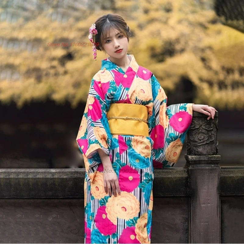 

2025 japanese traditional girl's kimono yukata national flower print dress photography stage performance vintage kimono robe