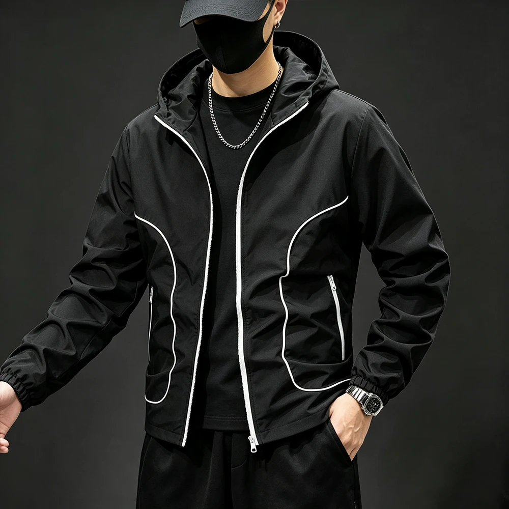 Men's Full Zip & Side Stripes Stand Up Hooded Windbreaker Casual Sport Jacket for Streetwear Running Workout Outerwear Tops