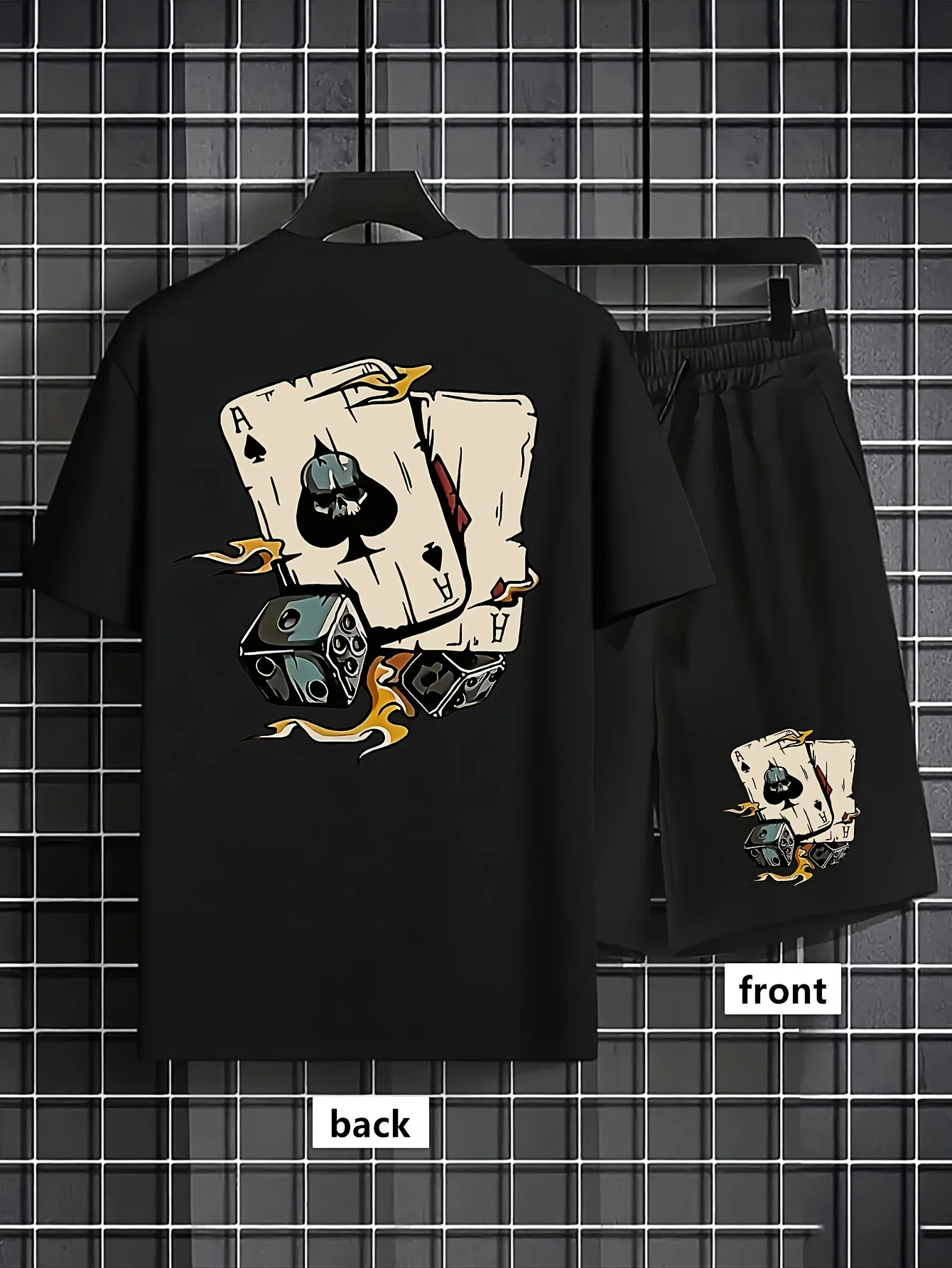 

American men's summer fashion poker print comfortable breathable round neck T-shirt drawstring shorts set outdoor streetwear