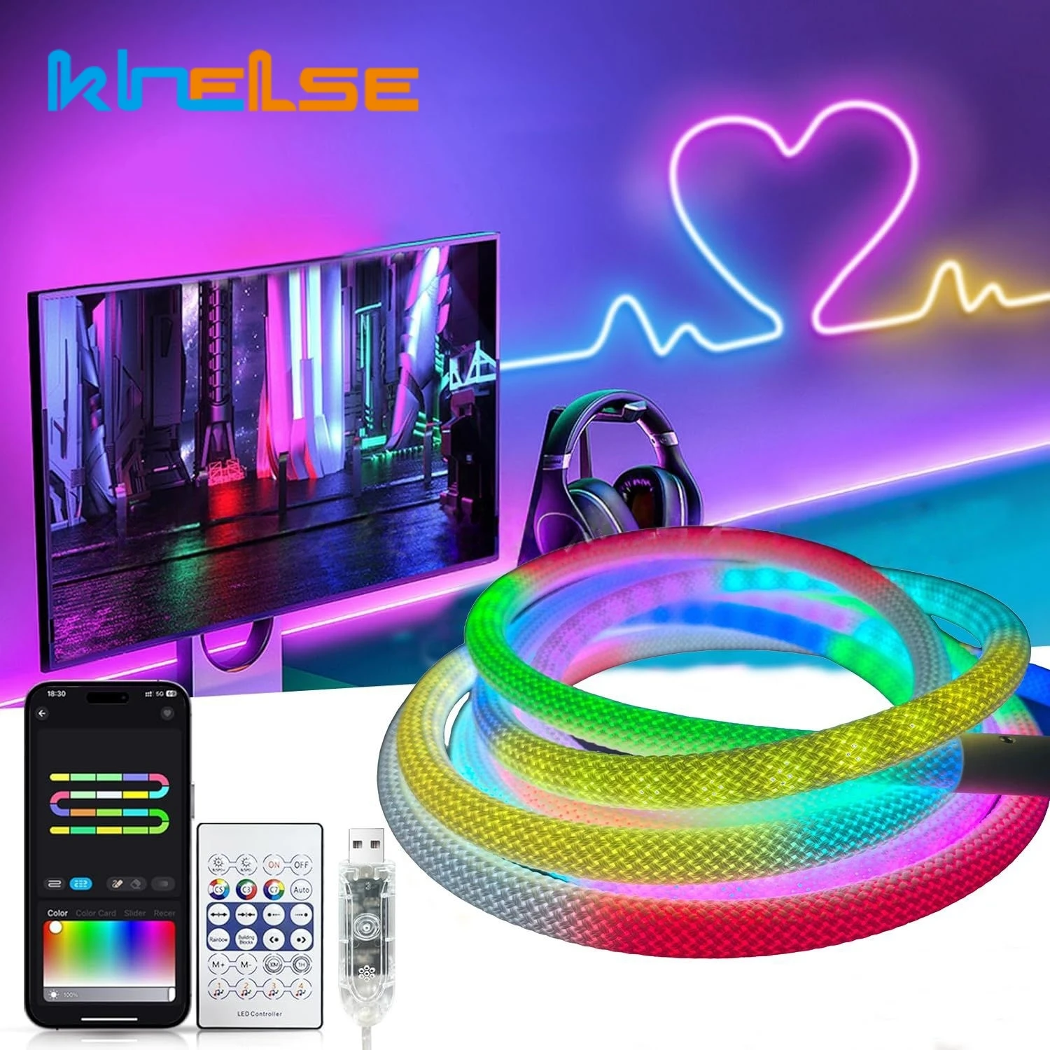 360-degree RGB Smart Bluetooth LED Strip Flexible Braid Silicone Neon Rope Lamp APP Remote Control 5V USB E-sports Ambient Light