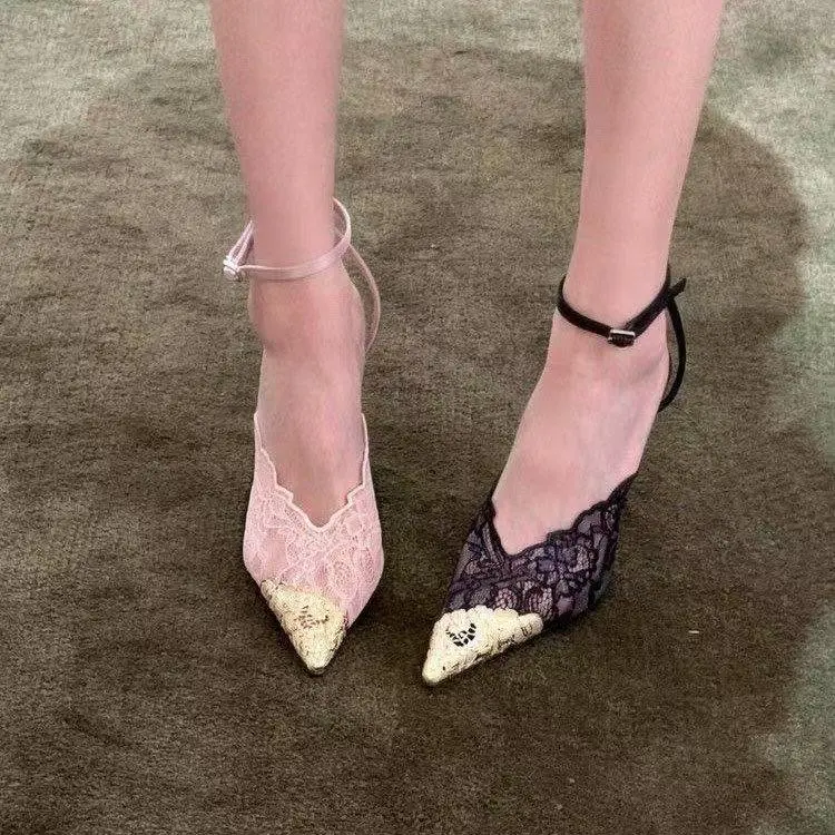 2026 New Lace High Heel Sandals for Women with Pointed Fine Heels Embroidered Mesh Versatile High Heels Shoes Women view 4