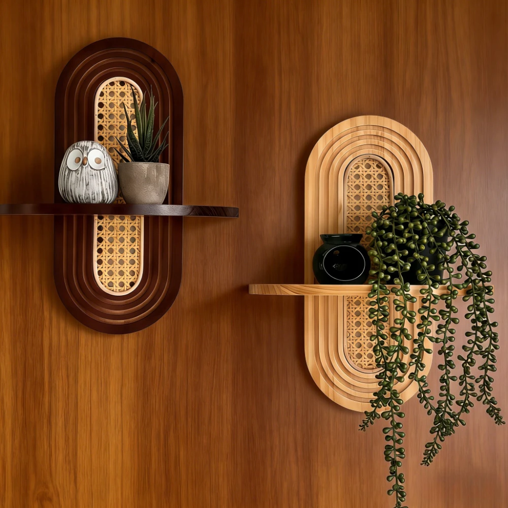 2pcs Mid-Century Wooden Wall Shelf with Woven Rattan Detail - Bohemian Vintage Minimalist Home Decor, Decorative Floating Shelf