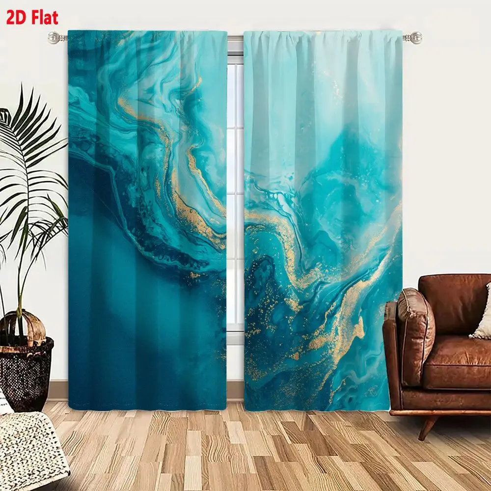 2Pcs Curtains 2D Flat Abstract Composition Featuring Swirling Teal Turquoise And Deep Blue Patterns With Metallic Gold Accents W