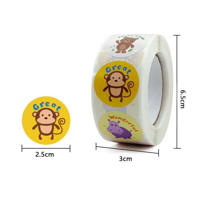 500Pcs/Roll Children\'s Cute Animal Scroll Reward Stickers for School Teacher Supplies Student Kids Inspirational Labels