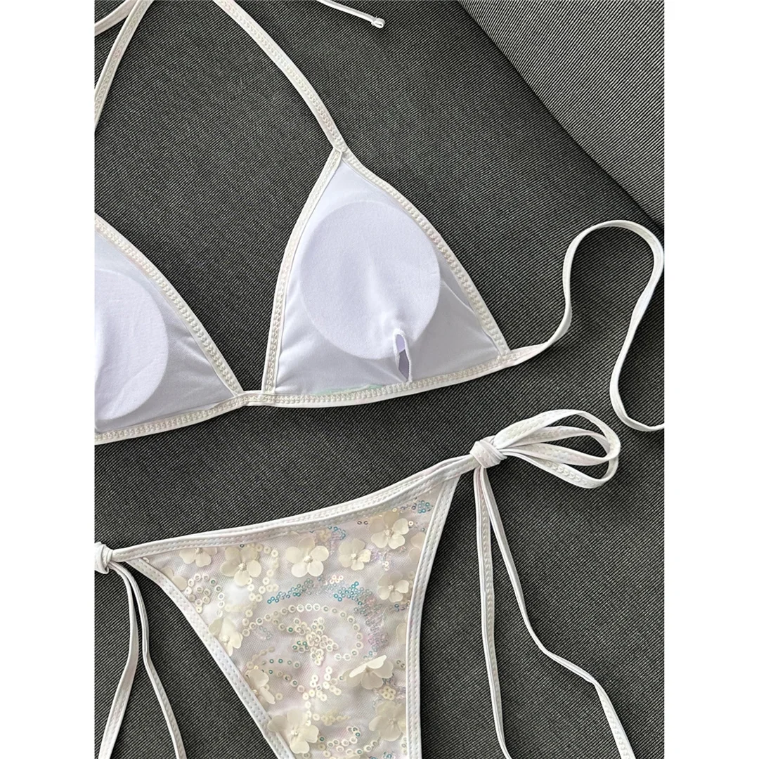 Bedruckter Bikini mit Pailletten, Neckholder-Design, Damen-Badebekleidung, zweiteiliger Bikini, hoher Beinausschnitt, Badeanzug, Badebekleidung, Modell V8237. – Detail 11