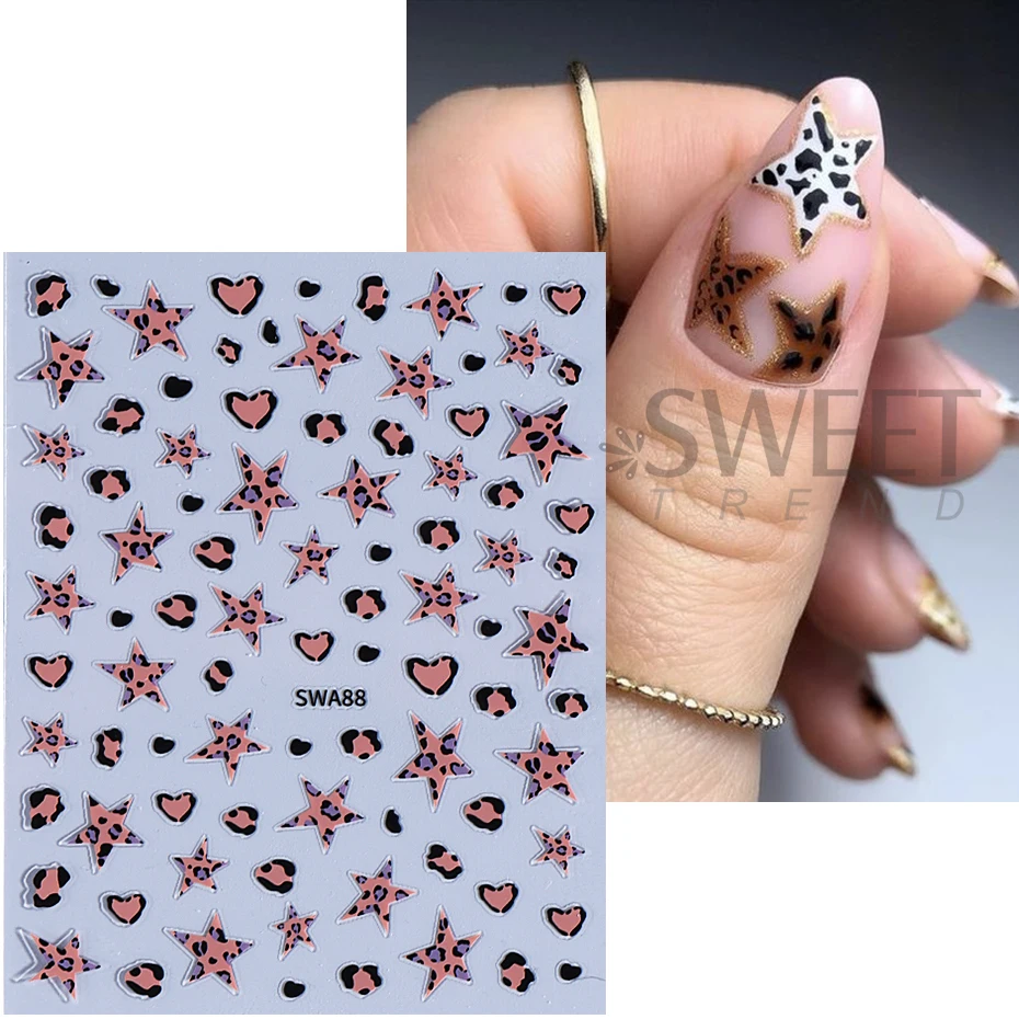 Leopard Print Star Design Nail Stickers Holographic Glitter Silver Star Pentagram 3D Self Adhesive Sliders Manicure Decor Decals