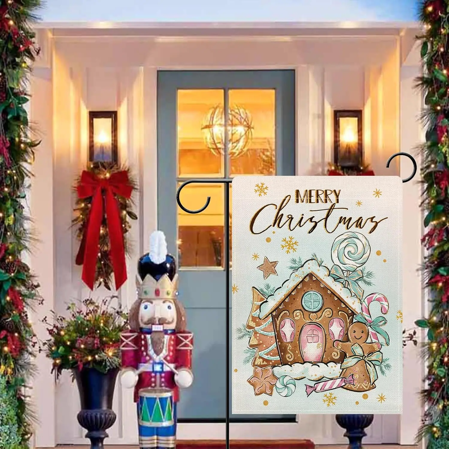 Dyrenson Merry Christmas Gingerbread House Decorative Garden Flag, Xmas Peppermint Candy Cookie Yard Outside Home Decoration AAO