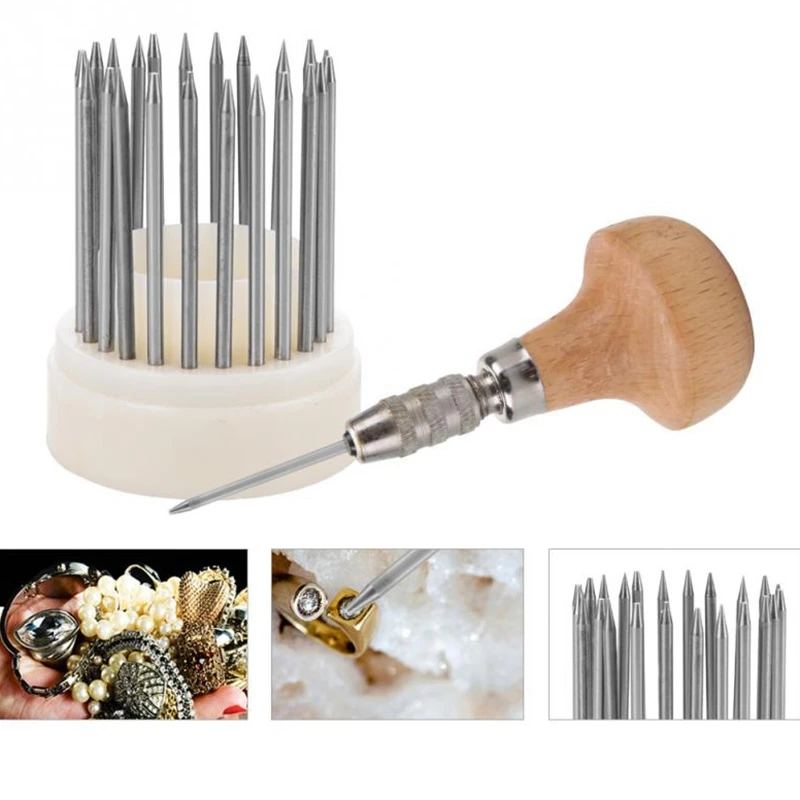 23Pcs Beading Tool Set Diamond Stone Pearl Grain Tools Set Header With Wood Handle Jewelry Making Tool For Goldsmith Jeweler