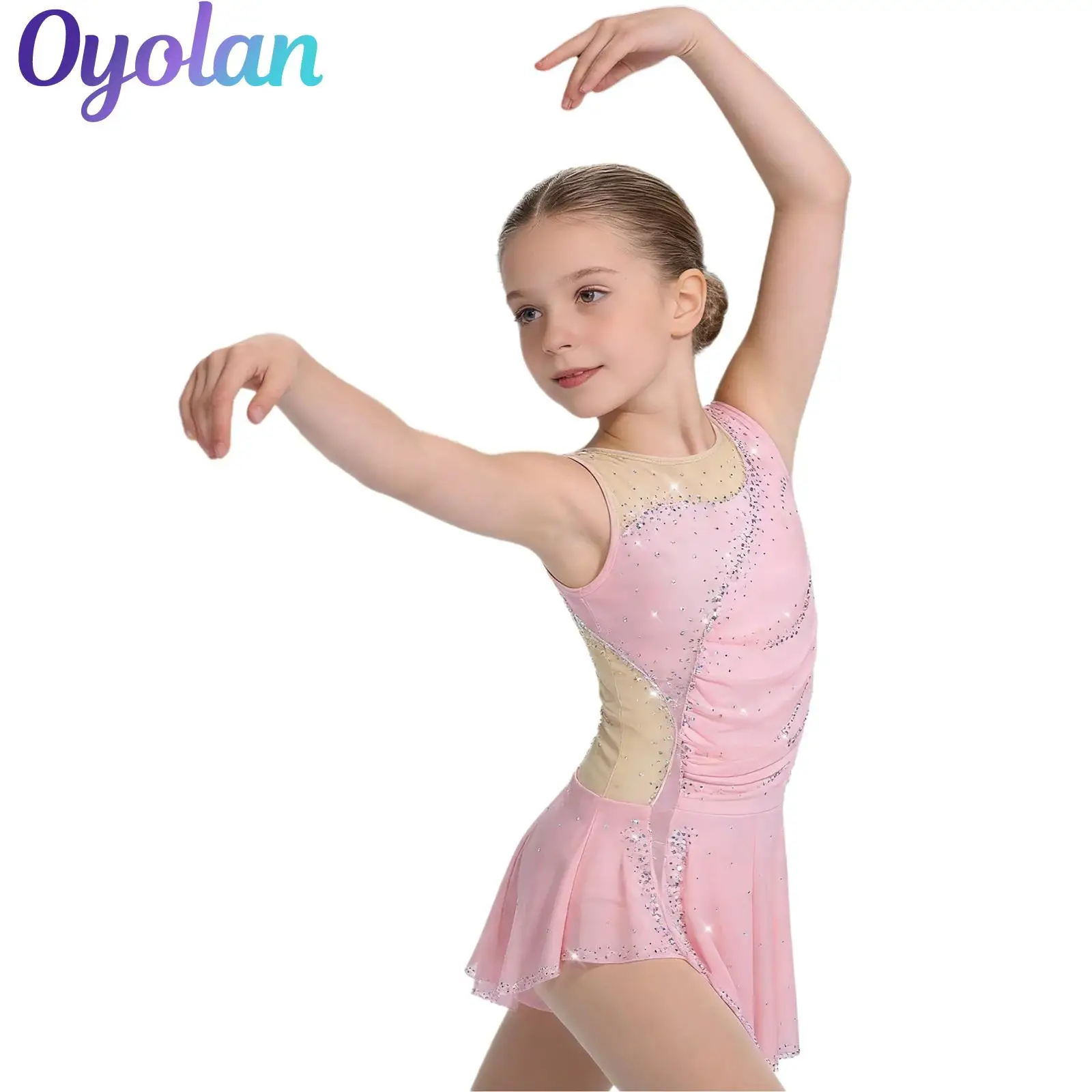 

Kids Girls Sparkling Rhinestones Gymnastics Ballet Leotards Figure Skating Lyrical Dance Costume Ruched Mesh Side Slit Dress