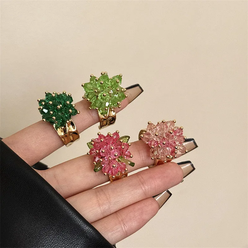 

Colorful Crystal Beaded Flowers Metal Open Adjustable Ring for Women Girls Sweet Exquisite Party Jewelry Holiday Accessories