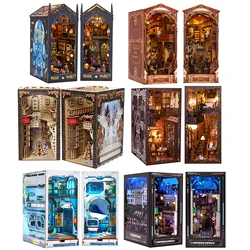 DIY Book Nook Bookshelf Insert Miniature Dollhouse 3D Wood Puzzle for Home Bedroom Bookend Decor with LED Night Light Book House