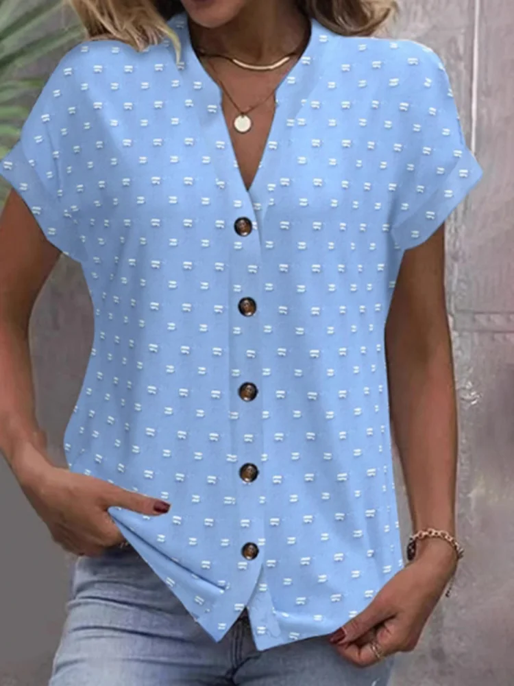 

Button Jacquard Short Sleeved V-neck Solid Color Women's T-shirt Fashionable Elegant Daily Commuting Style Summer Top