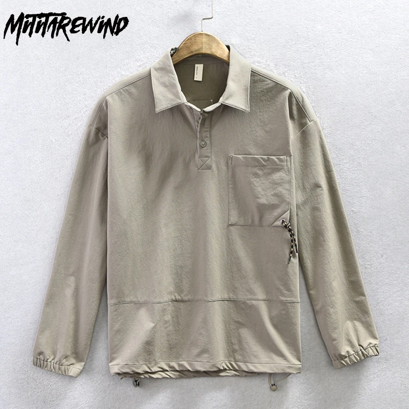 

Japanese Cargo Shirt for Men Spring Fall Workwear Casual Shirts Solid Loose Long Sleeve Pullover Shirt Man Simple Fashion Tops