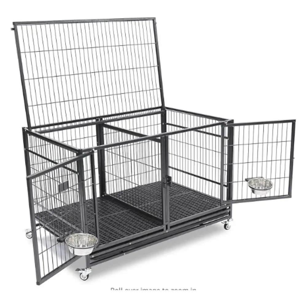 All Metal Open Top Stackable Heavy Duty Cage(Upper) w/Floor Grid, Tray, Divider, and Feeding Bowl