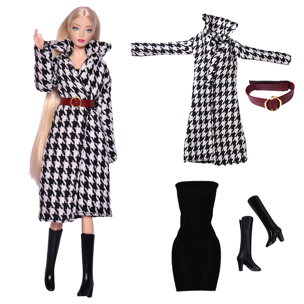 Fashion Doll Dress Winter Coat For Barbie Clothes Long Sweater Plaid Jacket Black Shirt Belt Shoes For 1/6 Dolls Accessories