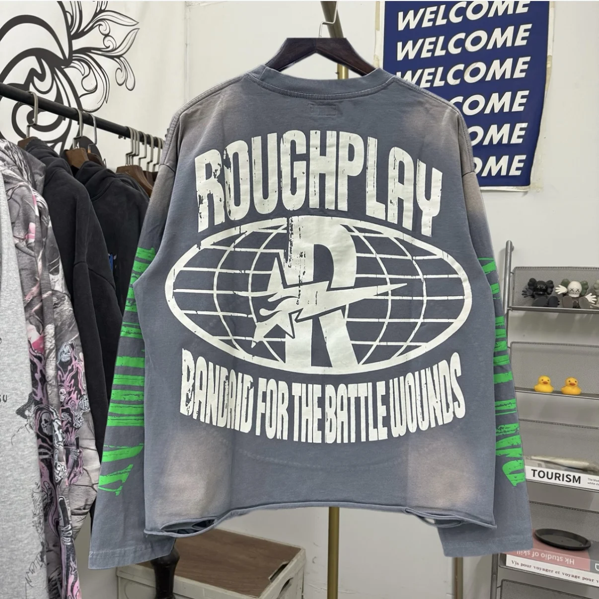 Roughplay American High Street Flame Head Print Distressed Hole Splicing Unisex Loose Casual Long Sleeve T-Shirt