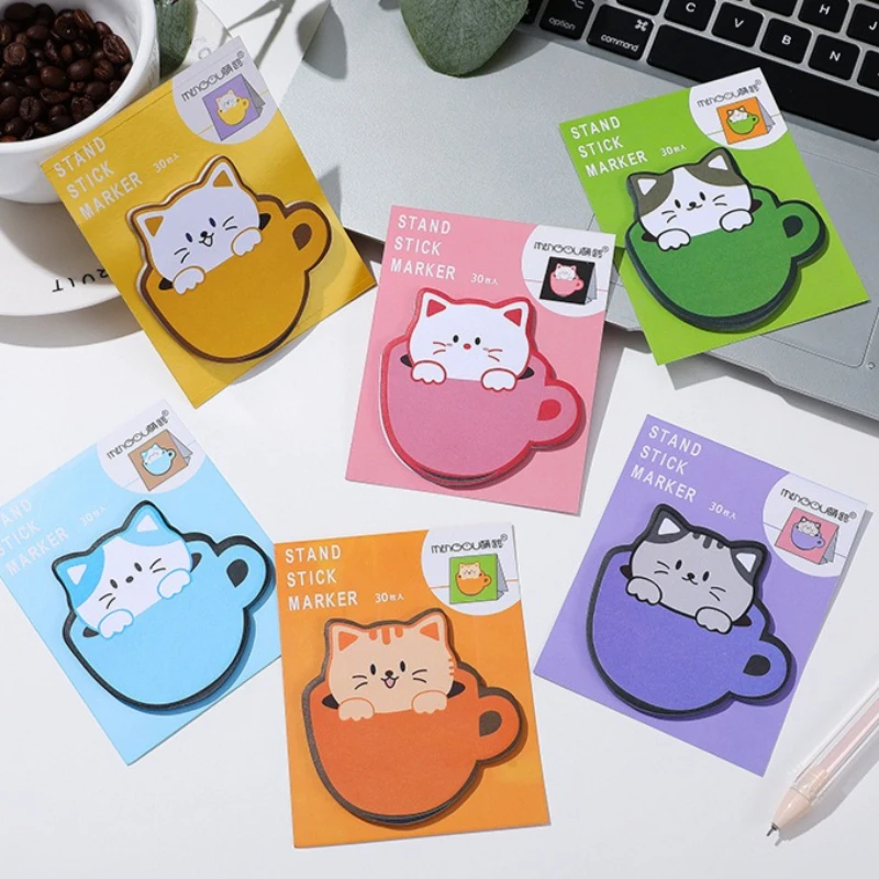 Cute Cat in Cup Sticky Notes, Cartoon Self-Adhesive Memo Pads, Colorful Removable Note Pads for Office School