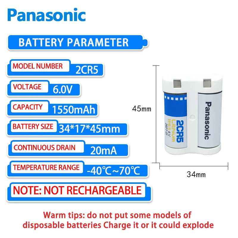 1PCS Panasonic 2CR5 Lithium Battery 6V Camera 2CR-5W/C1B Canon Nikon F50 Minolta 303si film and film machine 1n 1v