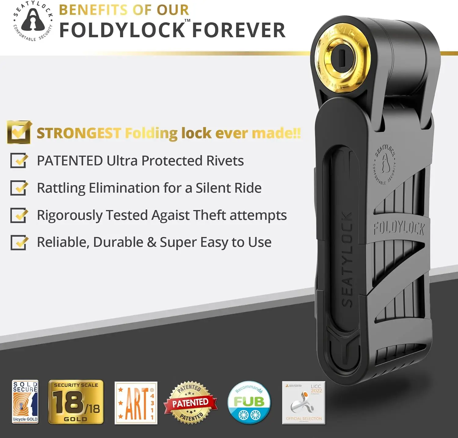 Bike Lock - Patented Sleek High Security Sold Secure Gold Bicycle Lock - Heavy Duty Anti Theft Smart G