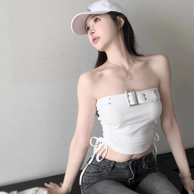 Women\'s Crop Top Short Tube Top Summer Solid Colour Korean Version.