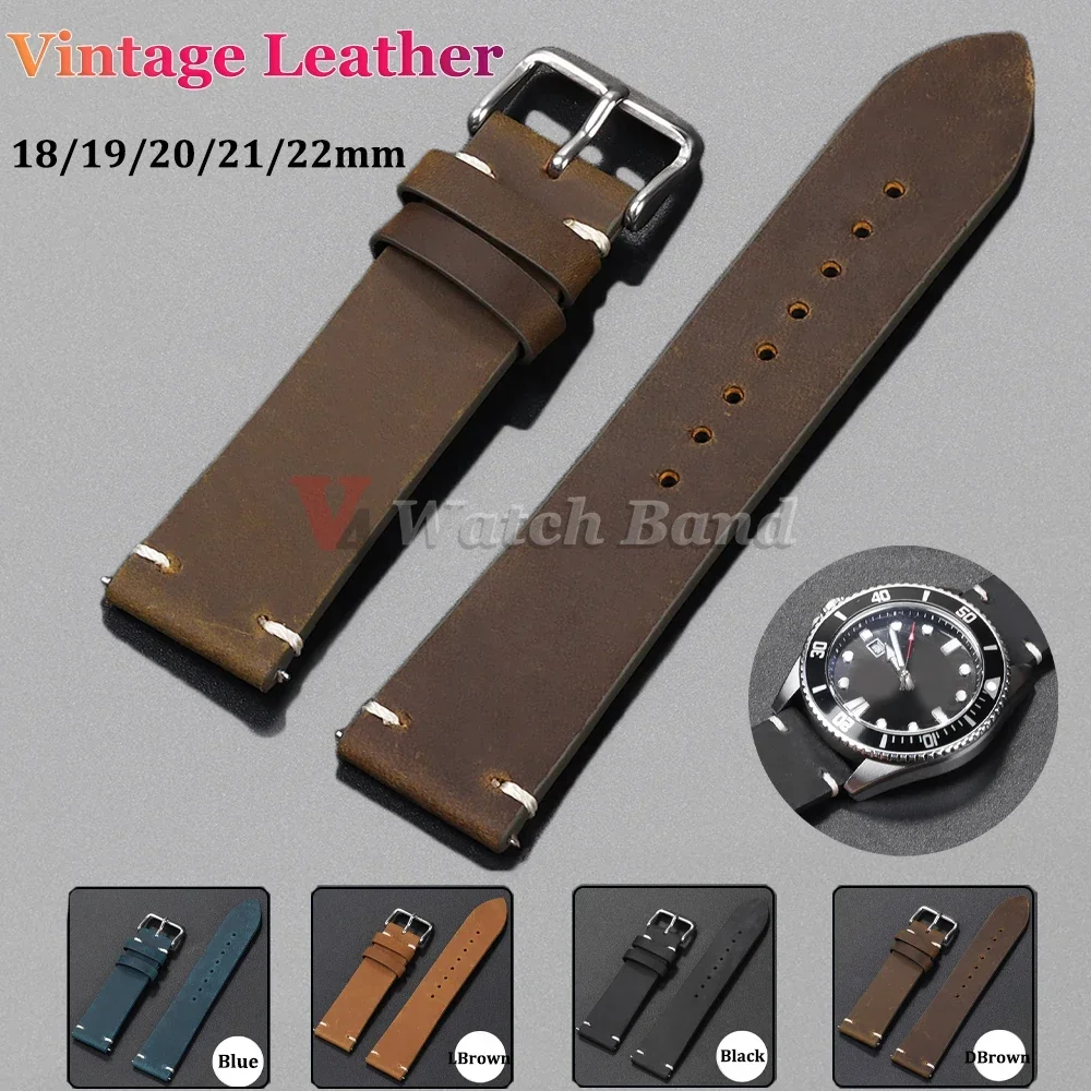 18mm 20mm 22mm 24mm 21mm Watch Straps Business Men Women Bands Retro Brown Cowhide Genuine Leather Strap Oil Wax Discoloration