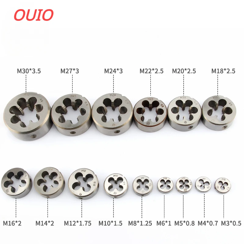 OUIO Thread Die Set M2 M3 M4 M5 M6 M10 M12 M14 M16 M18 M20 M30 utensile da taglio per filettatura tonda in acciaio legato ad alta velocità