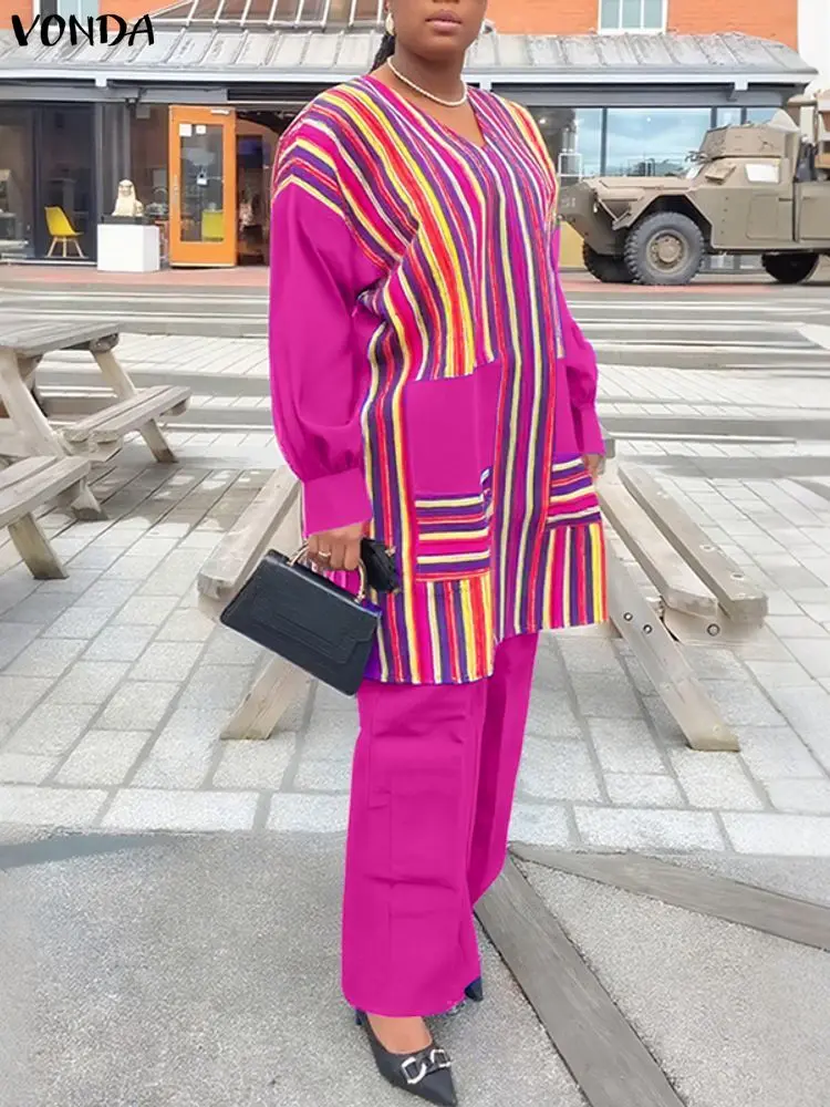 VONDA Women Sets Striped Long Sleeve Tops and Wide Leg Pants 2pcs 2025 Fashion Printing Vintage 2 Piece Outfits Plus Size 5XL