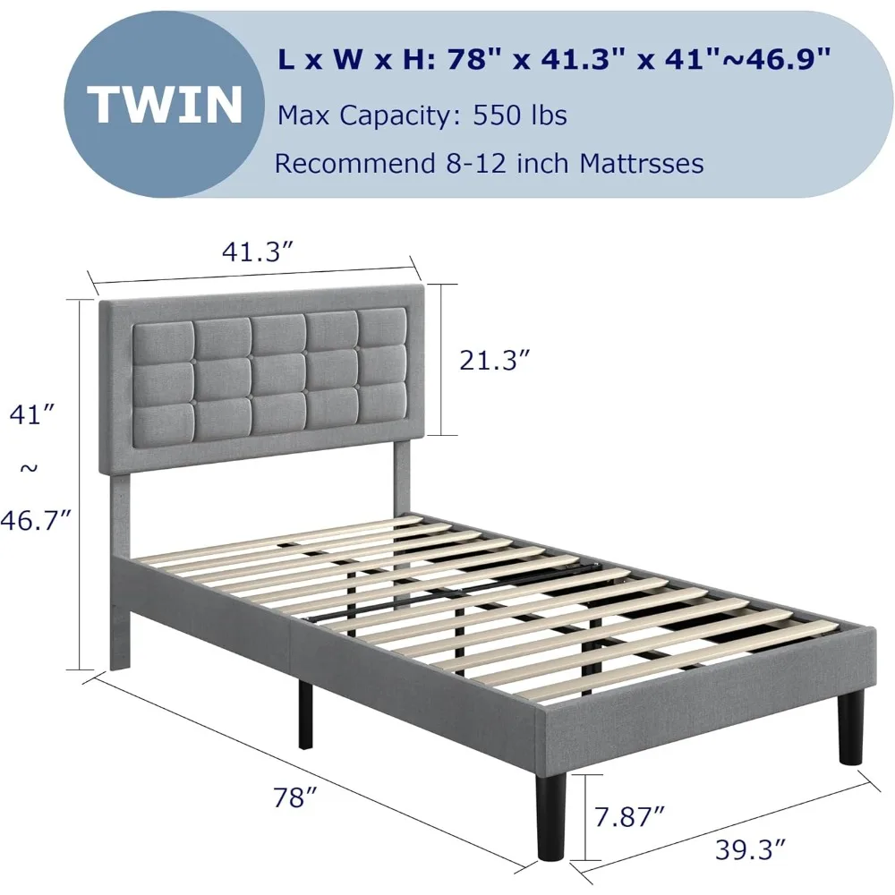 VECELO Twin Size Bed Frame with Adjustable Headboard, Upholstered Button Tufted Platform Bedframe with Wood Slats Support, No Bo