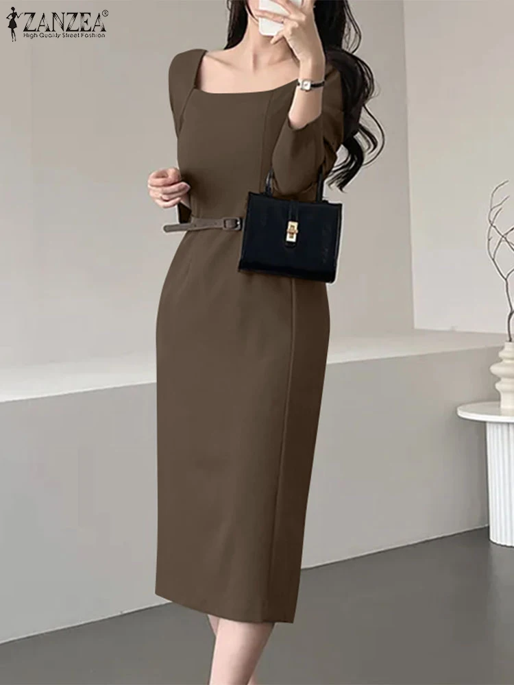 ZANZEA Elegancka damska dopasowana sukienka biurowa Lady z długim rękawem i kwadratowym dekoltem Party Vestidos 2025 Spring Solid Color Casual Long Robes
