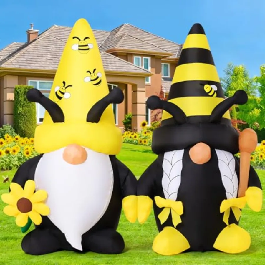 

6 FT Long Spring Inflatables Gnomes Decorations Blow Up Yard with Bees and Sunflower Built-in LEDs for Garden Lawn Indoor Party