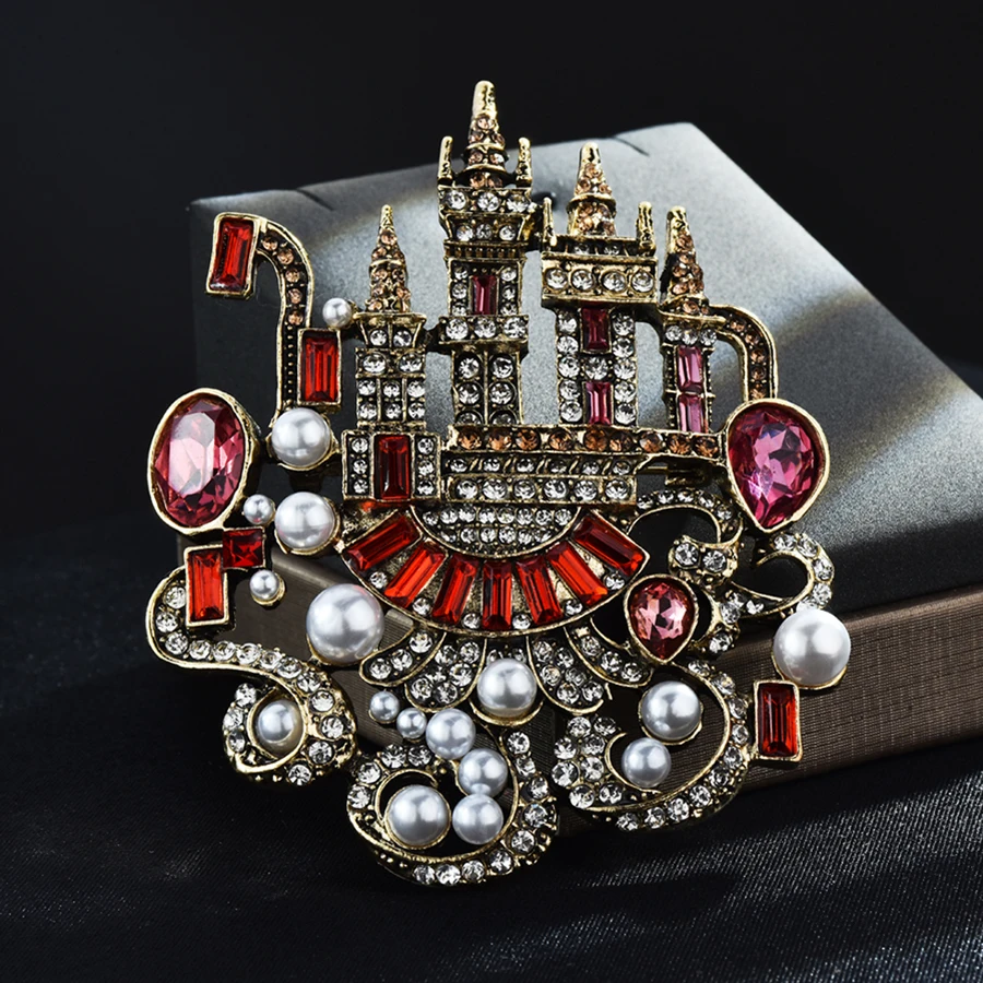 Retro Rhinestone Pearl Castle Brooch For Suit or Sweater Palace House Clothes Pins Jewelry