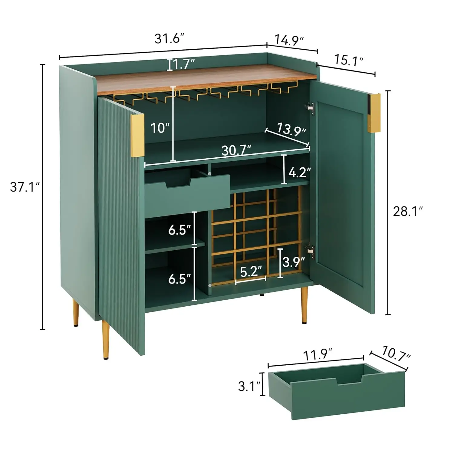 Coffee Bar Cabinet with Wine Racks, Green Liquor Cabinet with Fluted Texture, Modern Sideboard Buffet Cabinet for Kitchen Dining