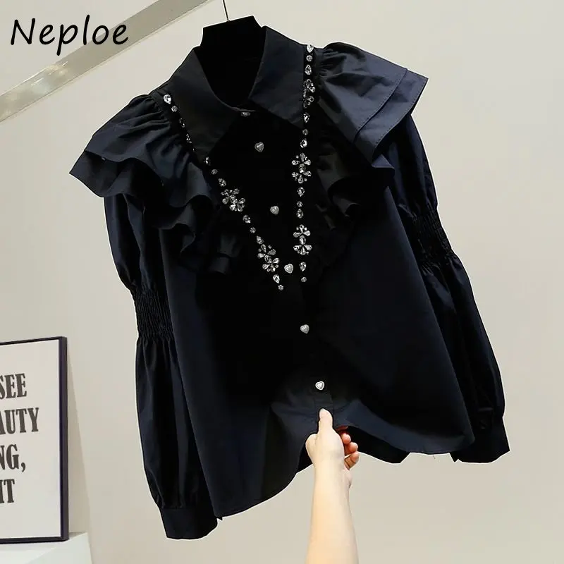 Neploe Blusas Mujer De Moda 2024 Turn Down Collar Solid Color Long Sleeve Blouses Heavy Diamonds Single-breasted Ruffles Shirts