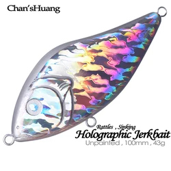 Chan’sHuang 5PCS Unpainted Blank/Holographic Bait 10cm 43g Slow Sinking Rattle Glider Jerkbait DIY  Artificial Fishing Lures