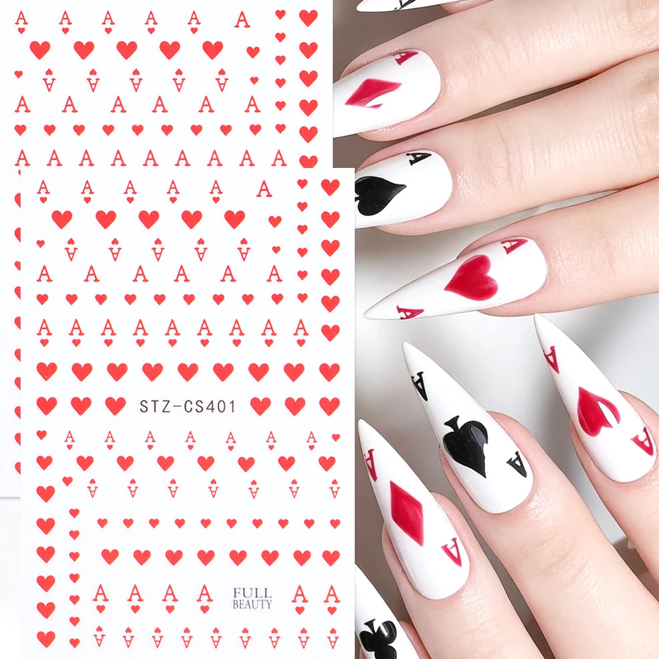 2pcs Red Ace Heart Poker Nail Art Stickers Mini Love Heart Letter A Halloween Party Nail Decals Sliders Gothic DIY Nail Decor