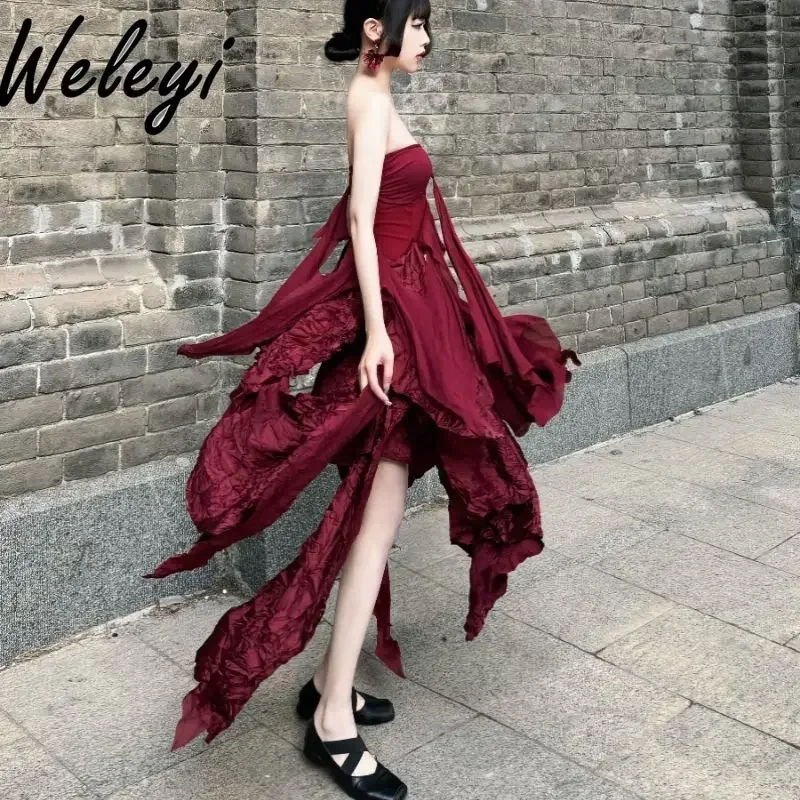 

Wine Red Pleated Wave Tube Top Boho Midi Dress Women Dark Pleated Multi-layer Off-the-shoulder Red Irregular Strapless Dresses