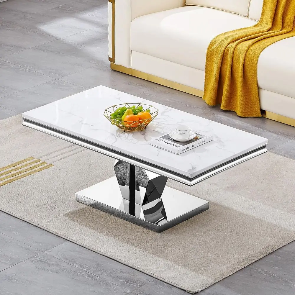 Eleganter rechteckiger Sofatisch mit weißer Marmorplatte und silberner verspiegelter Edelstahlsockel für Wohnzimmer oder Büro