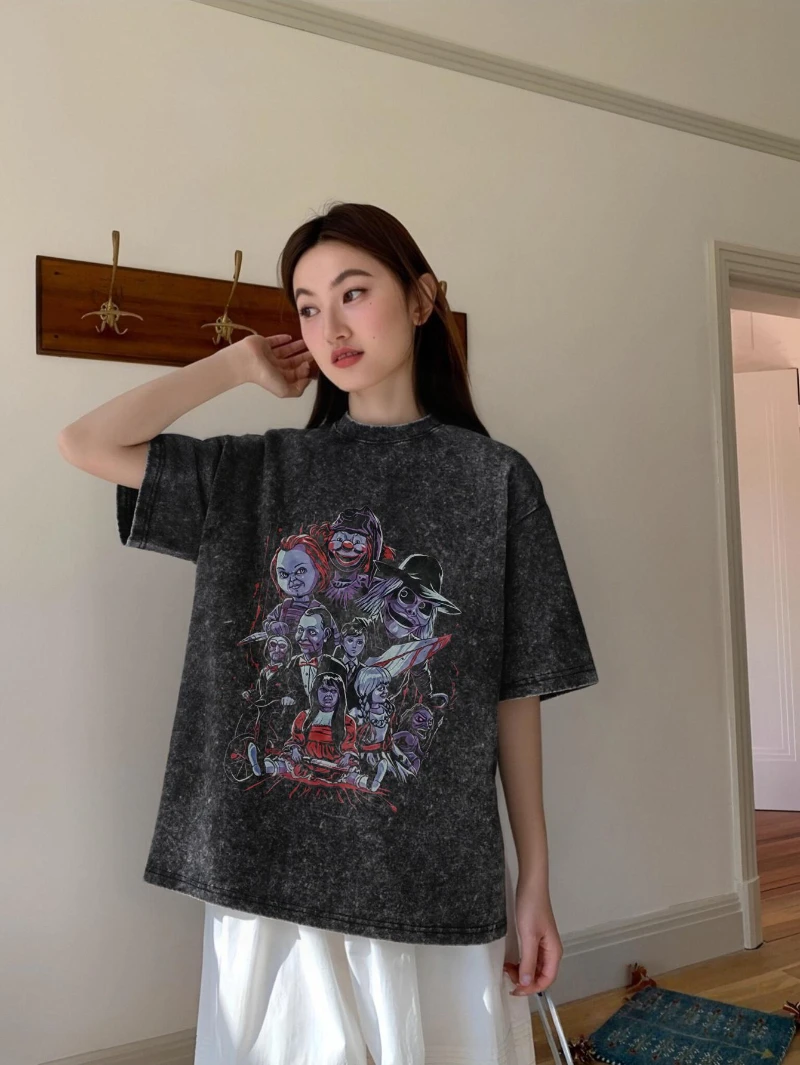 

Летняя женская футболка с принтом в стиле ужасов, чистый хлопок, модная, персонализированная футболка, футболка с принтом