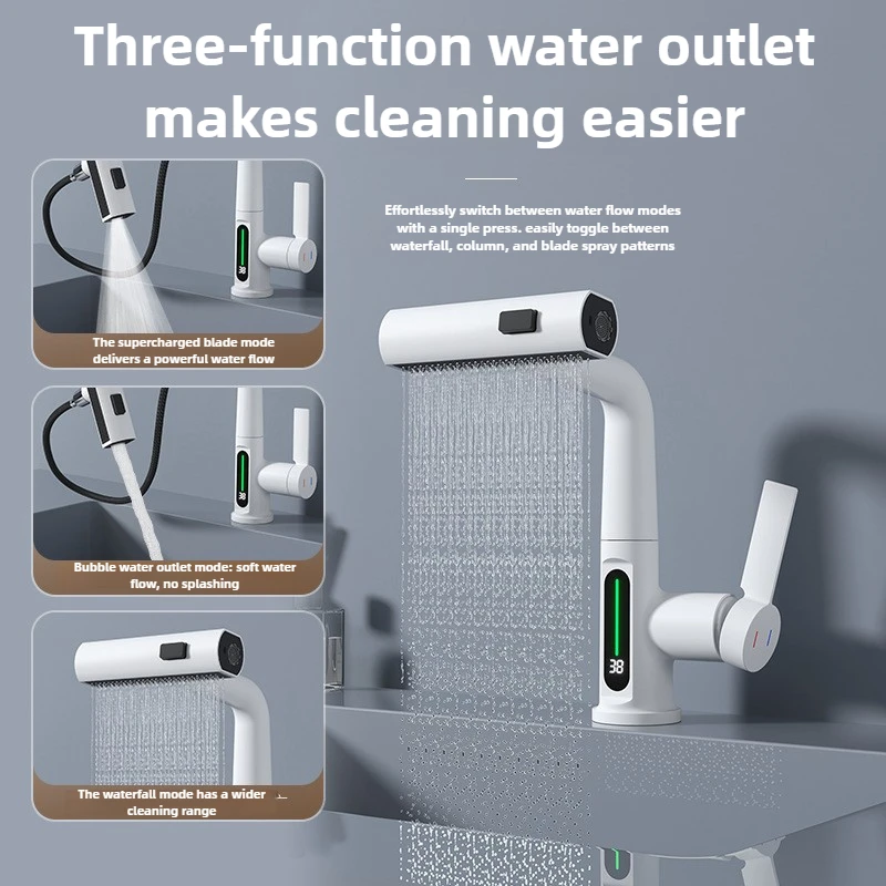 

Смеситель для раковины с цифровым дисплеем температуры для ванной комнаты, выдвижной водопад, 3-ходовой распылитель, смеситель для раковины с горячей и холодной водой, смеситель для мытья